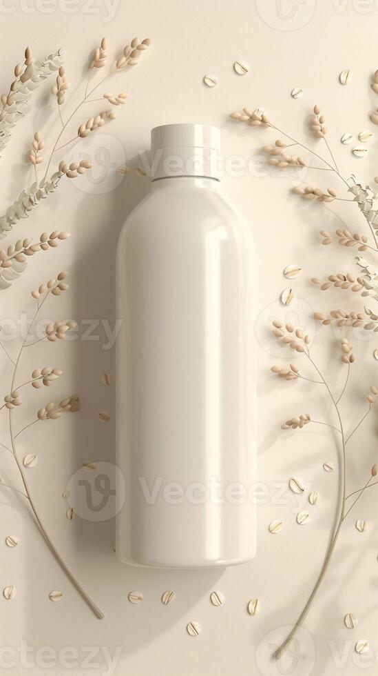 White bottle liquid facial wash mockup, for skincare product treatment, oats decoration isolated background photo