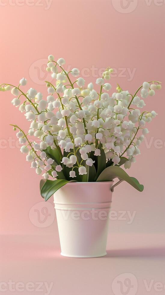 Lily of the valley flower on white bucket isolated pink background photo
