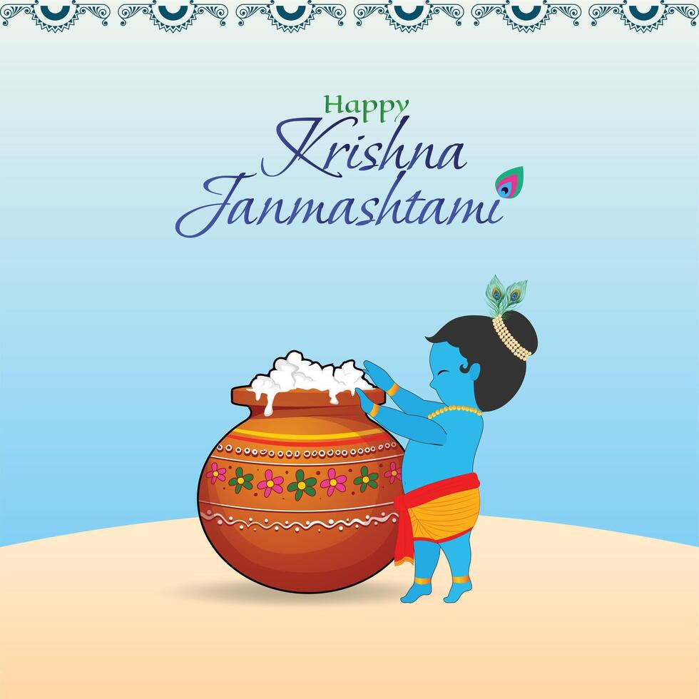 happy Janmashtami festival of India, little krishna eating Makhan vector