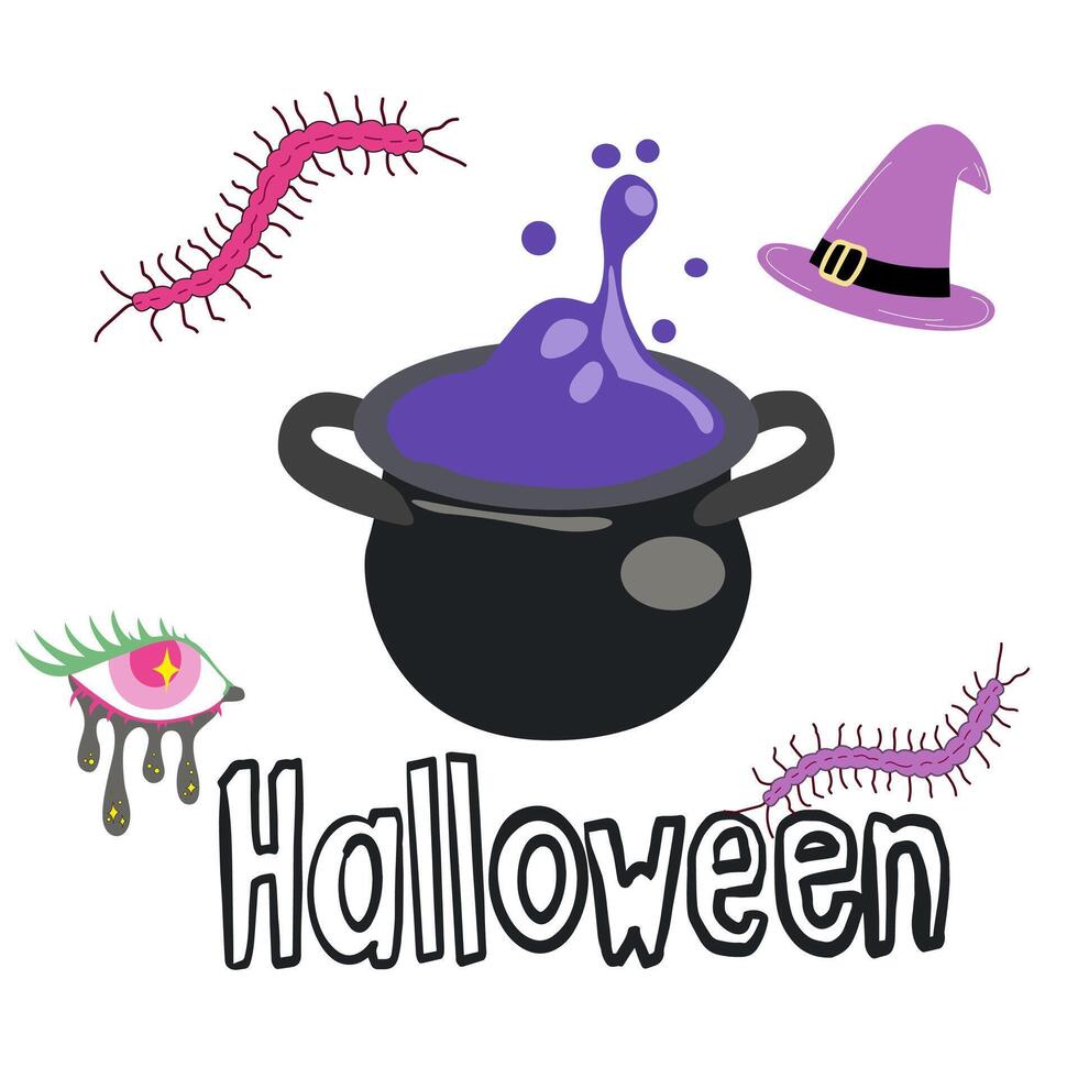 Happy Halloween illustrations. illustrations in flat style. Halloween holiday cute elements set. Vat of purple and green potion, eye, green zombie fingers, spider, web, witch's hat, centipede vector