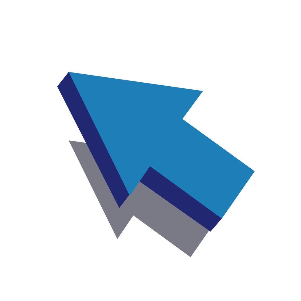 flat illustration of blue glossy direction pointer top, computer mouse sign to click buttons, website design element. Blue pointing arrow sign with shadow vector