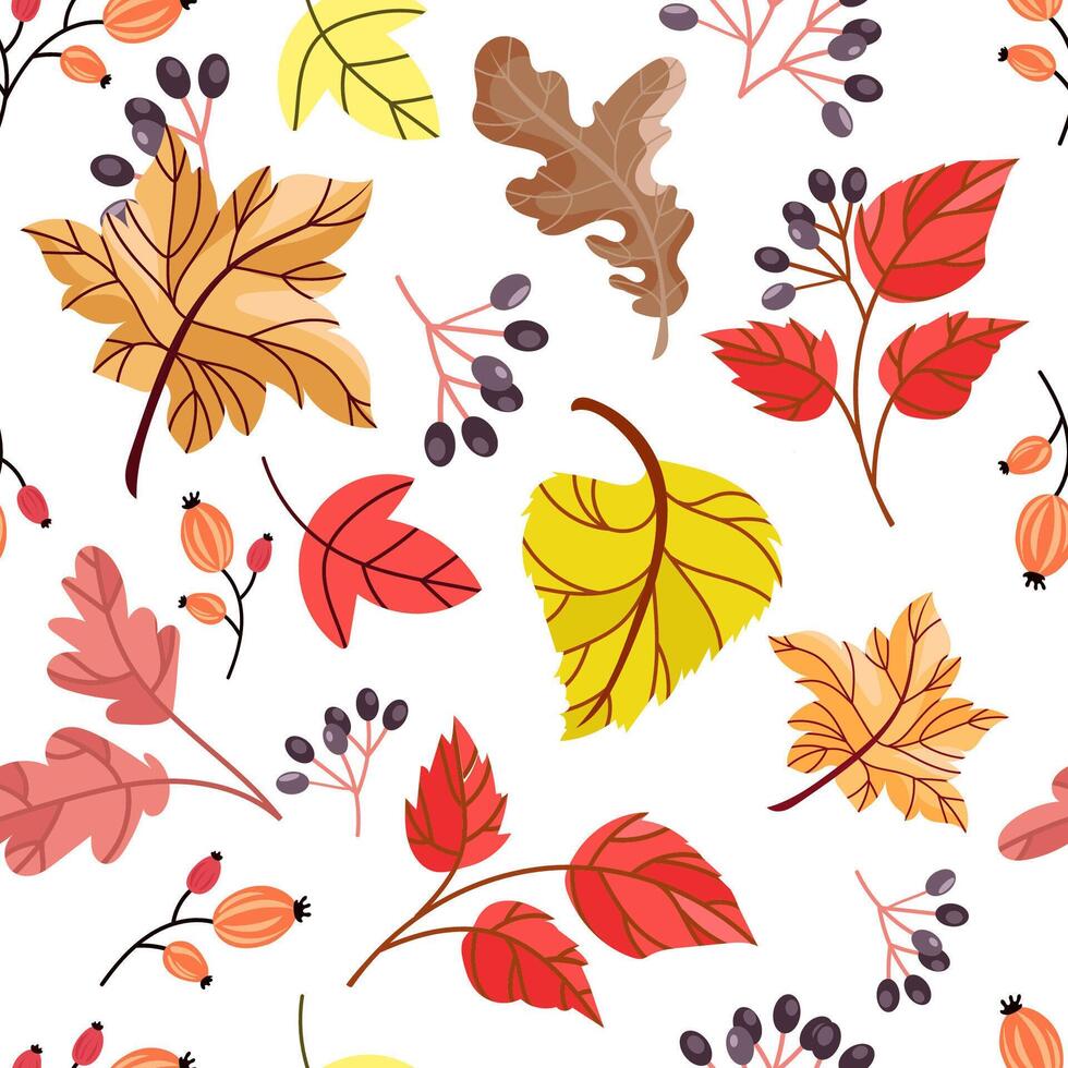 Falling leaves autumn seamless pattern.Autumn seamless background with different leaves and plants of seasonal colors.Design for print, paper, wallpaper, textiles, packaging. illustration vector