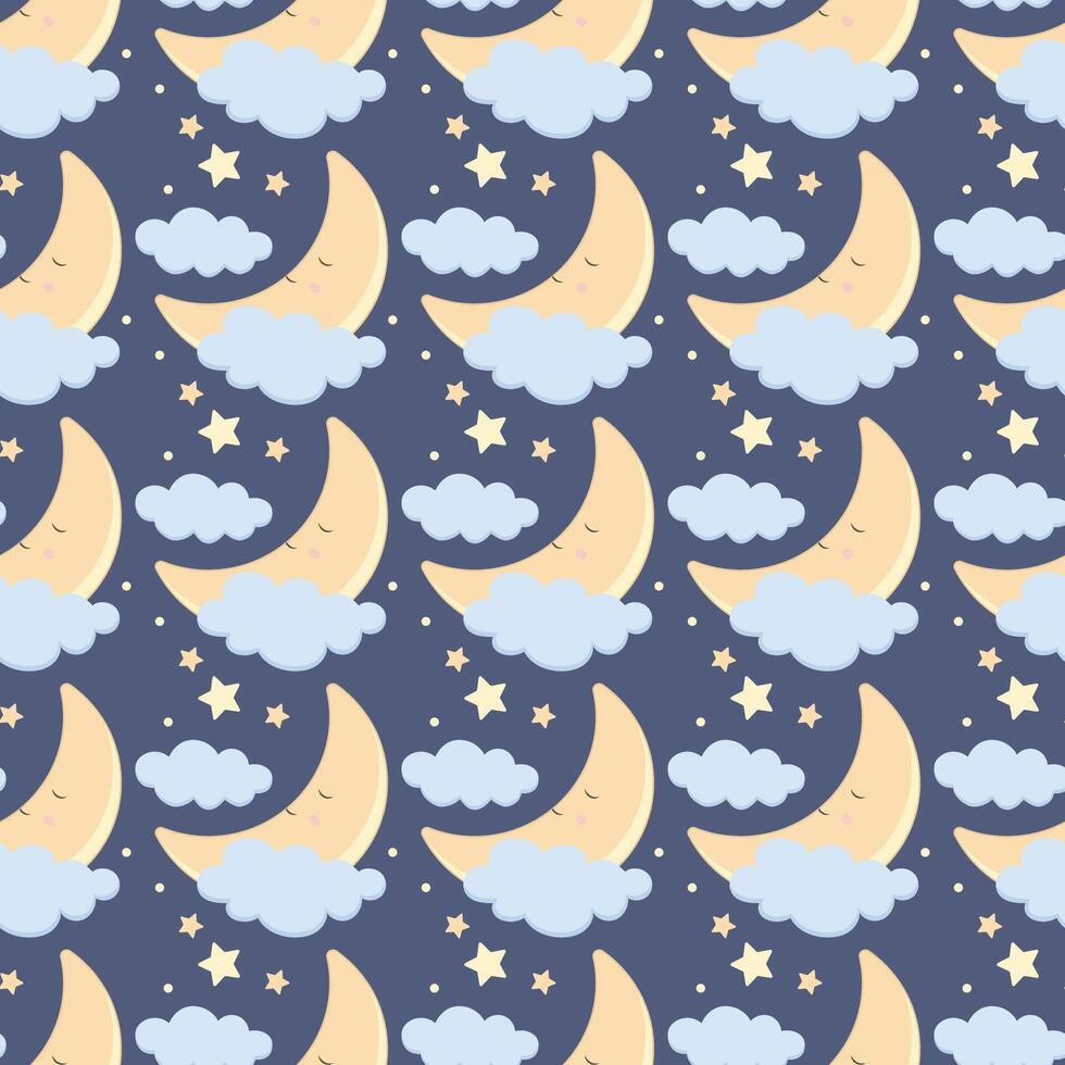 Children s cute pattern with a small sleeping crescent moon in the clouds. Childrens cute background for wallpaper, paper, fabric vector