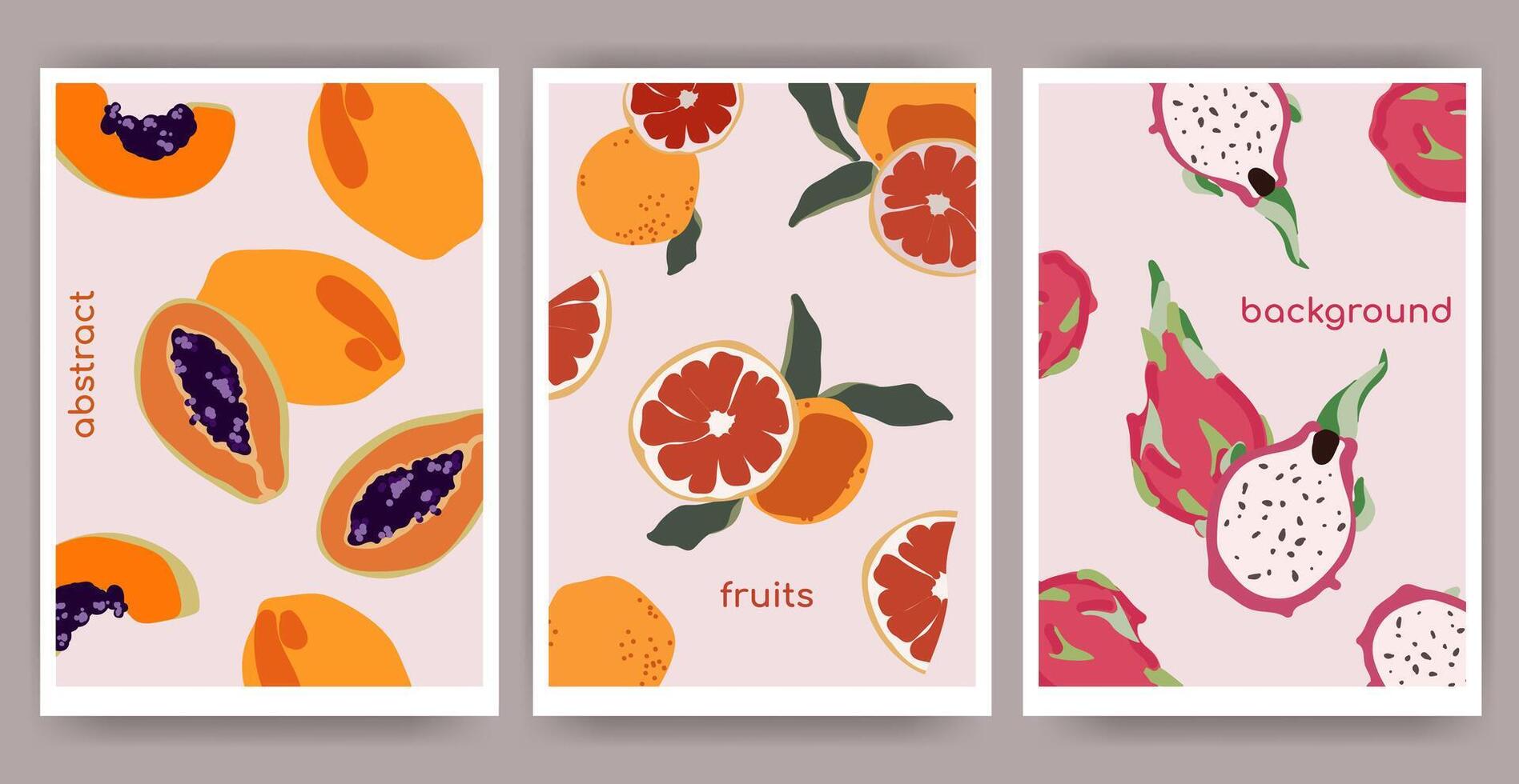 Modern Abstract fruit posters template set in Minimal style. Hand drawn papaya, grapefruit, dragon fruit design wall decor, print cover, template, banner,for wallpaper.Fruits abstract elements. vector