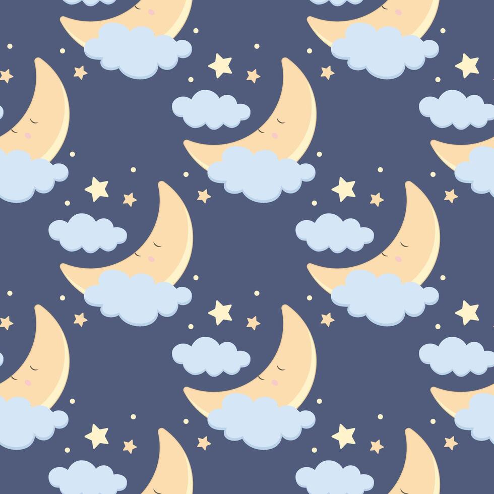 Children s cute pattern with a small sleeping crescent moon in the clouds. Childrens cute background for wallpaper, paper, fabric vector