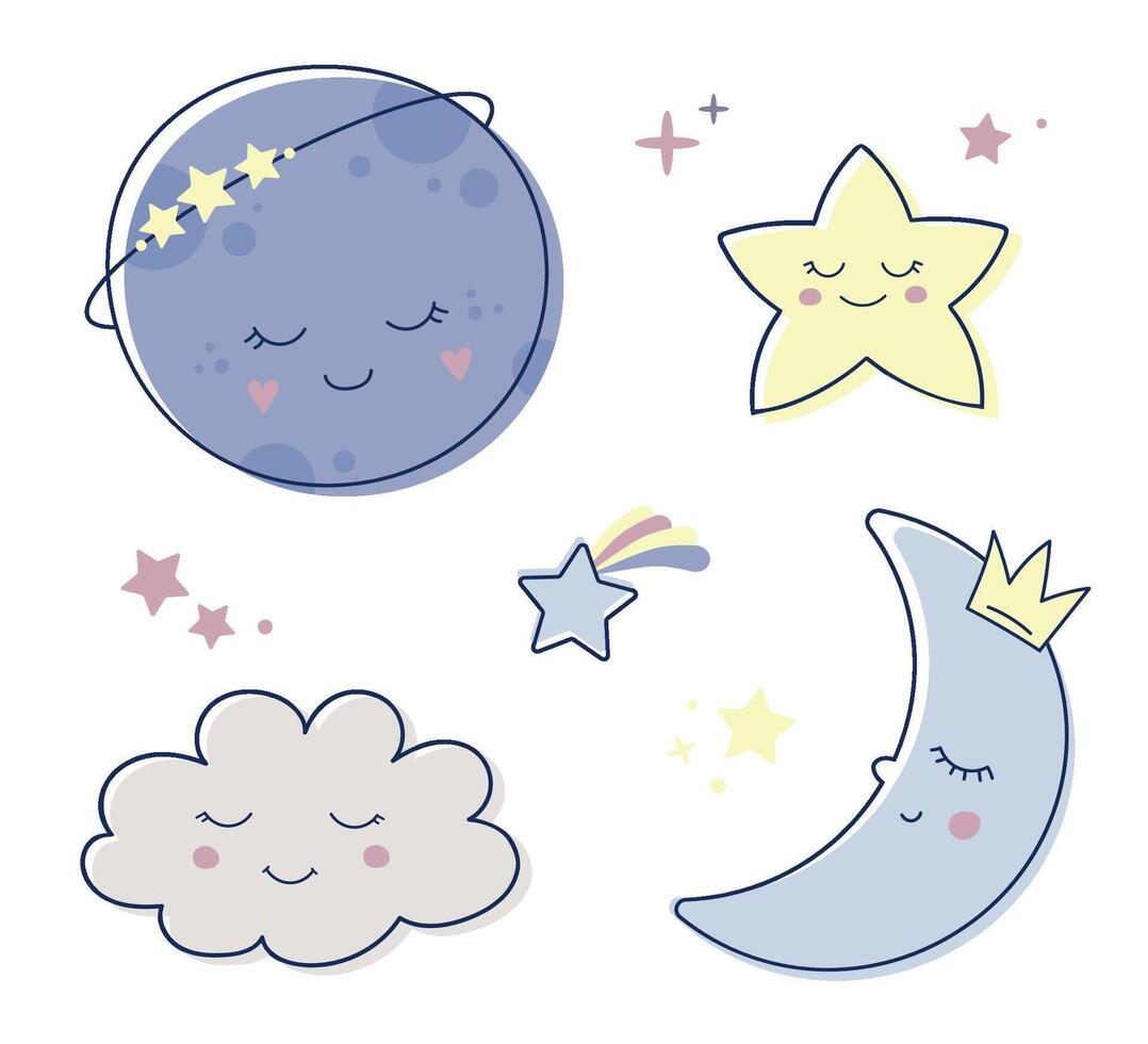 Children s cute set with the image of a small sleeping moon, a crescent moon, a star and a cloud vector