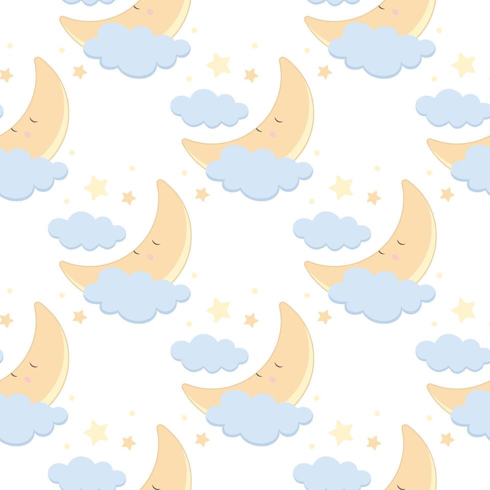 Children s cute pattern with a small sleeping crescent moon in the clouds. Childrens cute background for wallpaper, paper, fabric vector