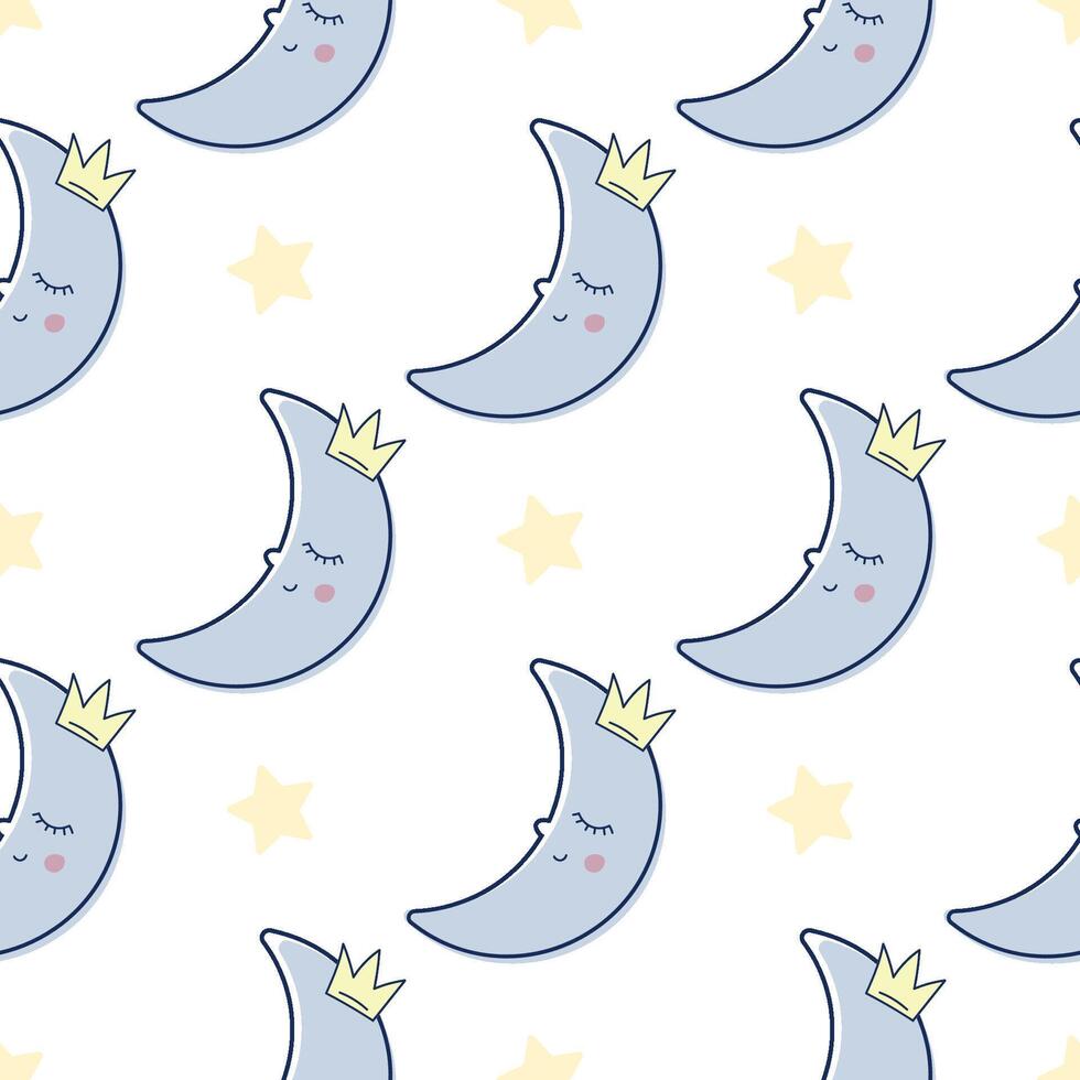 Children s cute pattern with a small sleeping crescent moon in the clouds. Childrens cute background for wallpaper, paper, fabric vector