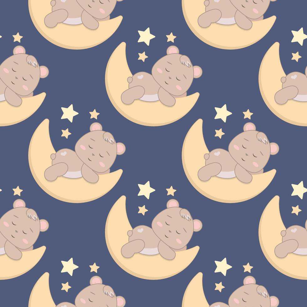 Children s cute pattern with a small bear cub sleeping on a crescent moon. Childrens cute background for wallpaper, paper, fabric vector