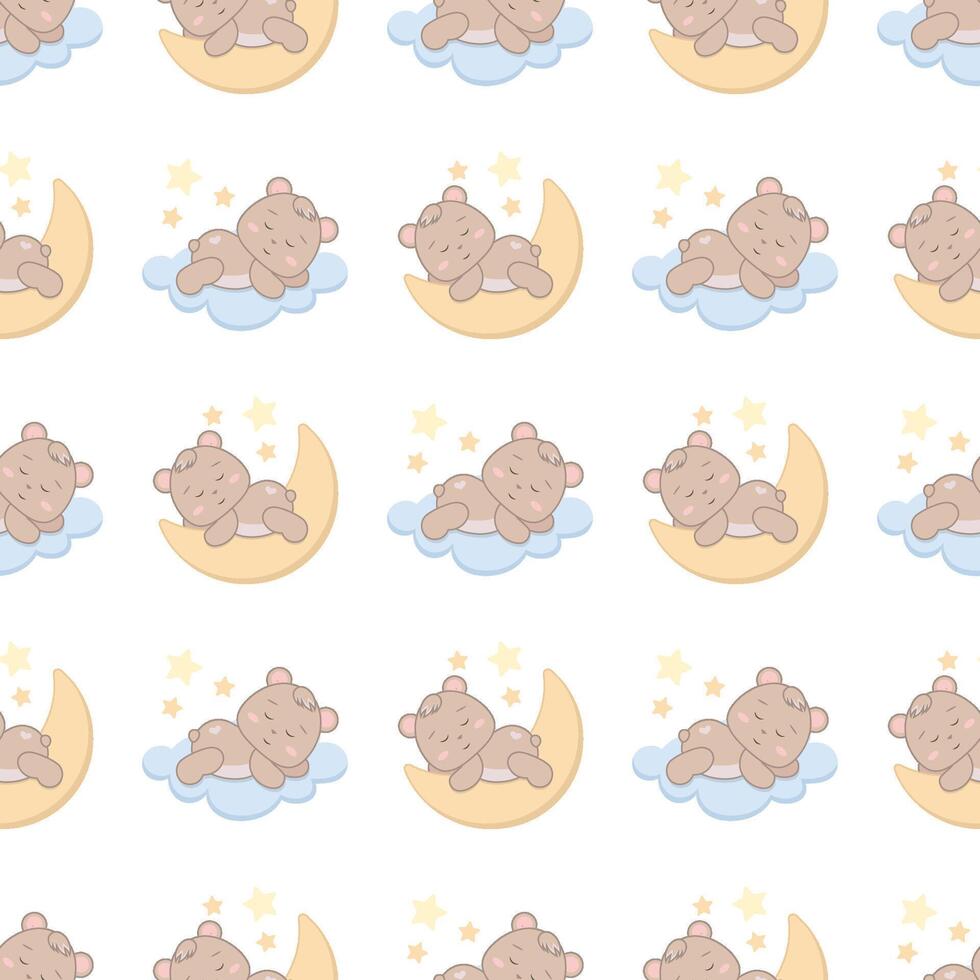 Children s cute pattern with a sleeping little bear on a crescent moon and a cloud. Childrens cute background for wallpaper, fabric, paper vector
