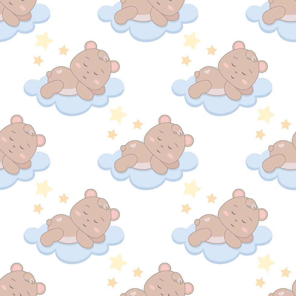 Children s cute pattern with a small sleeping bear cub on the clouds. Childrens cute background for wallpaper, paper, fabric vector