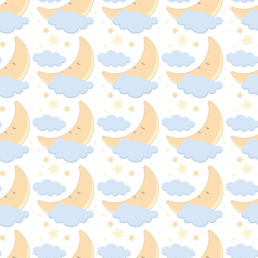 Children s cute pattern with a small sleeping crescent moon in the clouds. Childrens cute background for wallpaper, paper, fabric vector