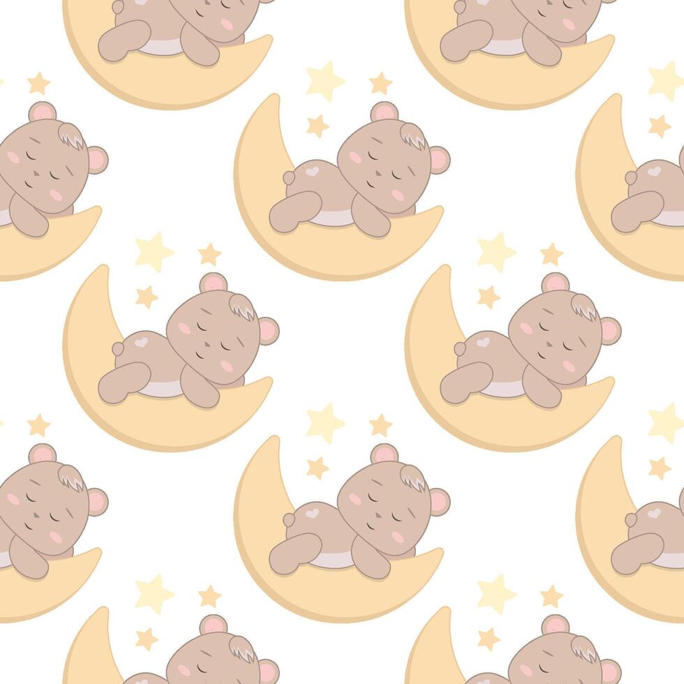 Children s cute pattern with a small bear cub sleeping on a crescent moon. Childrens cute background for wallpaper, paper, fabric vector