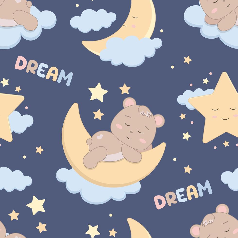 Children s cute pattern with a sleeping little bear, a crescent moon in the clouds and a star. Childrens cute background for wallpaper, fabric, paper vector