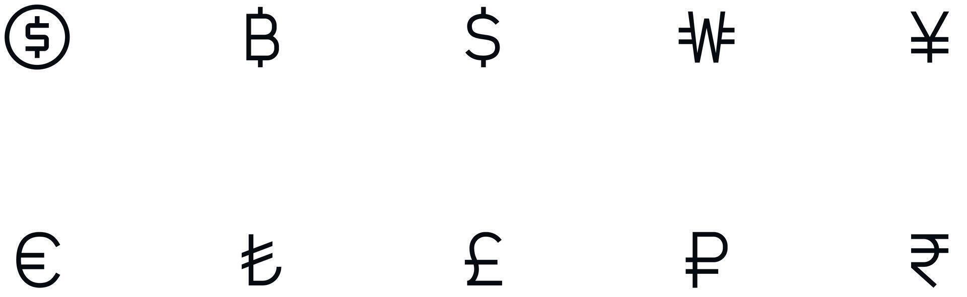 Simple Set of Currency Related Line Icons. Contains such Icons as Exchange Rate and Currency. symbol euro and dollar, bitcoin, rial, frank, pound, yen, yuan, rupee, lira, won and rouble vector