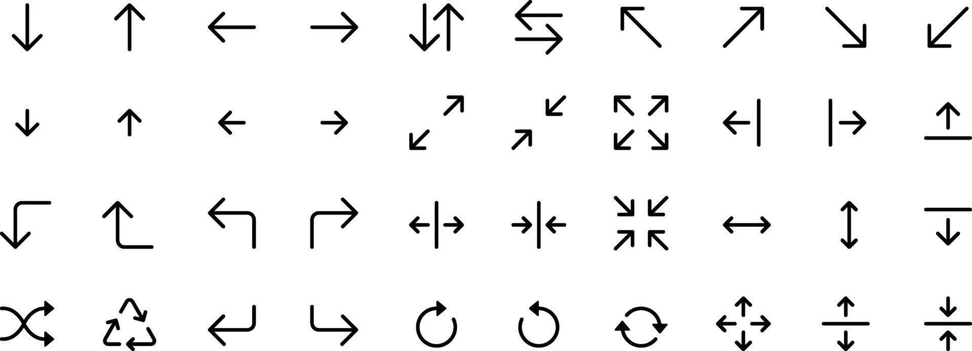 Arrow icon set cursor arrow up down and symbol icons. Modern simple solid arrows collection web design, mobile apps, interface minimal flat, solid line left right top bottom direction path way media vector
