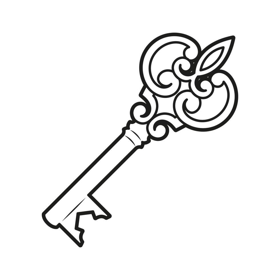 Illustration of a vintage antique key. Linear sketch. Printable flat print on white background vector