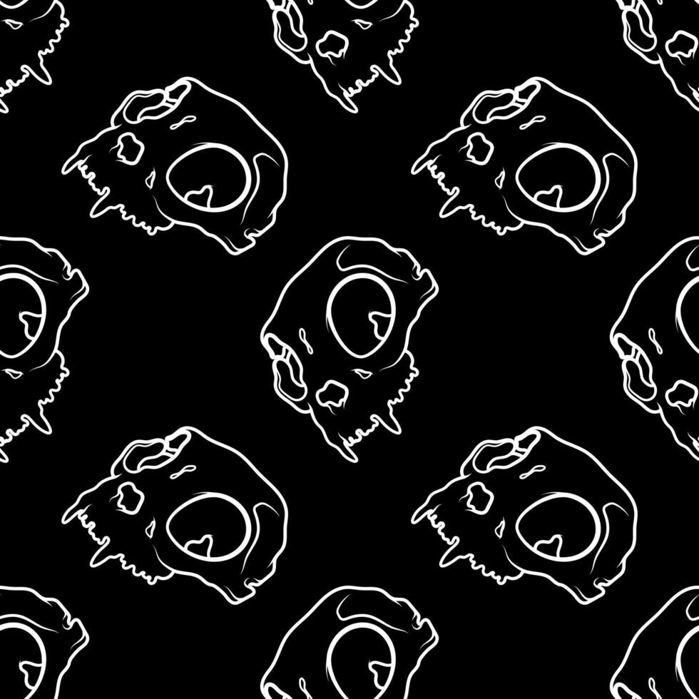 Seamless pattern with cat skulls. Flat black background design. Repeating print for fabric, wrapping paper, textile vector