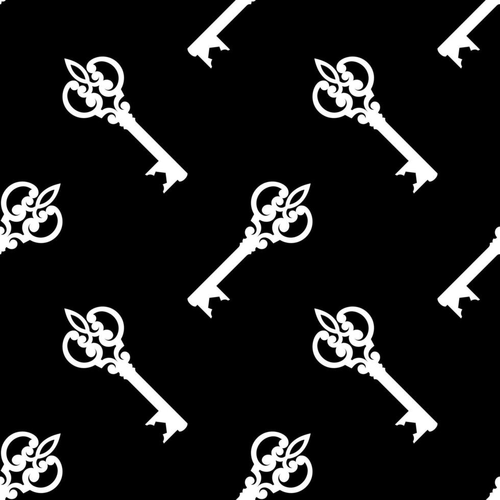 Seamless pattern with vintage Victorian keys. Flat black background design. Repeating print for fabric, wrapping paper, textile vector