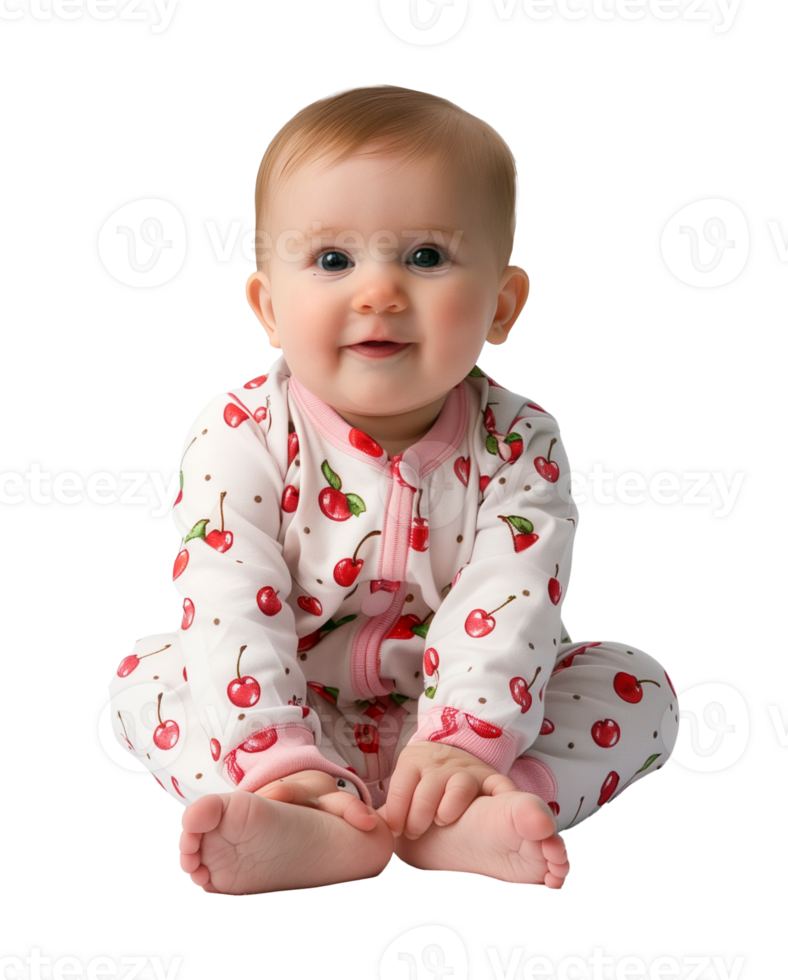 Adorable Baby in Cherry Printed Pajamas on Transparent Background png