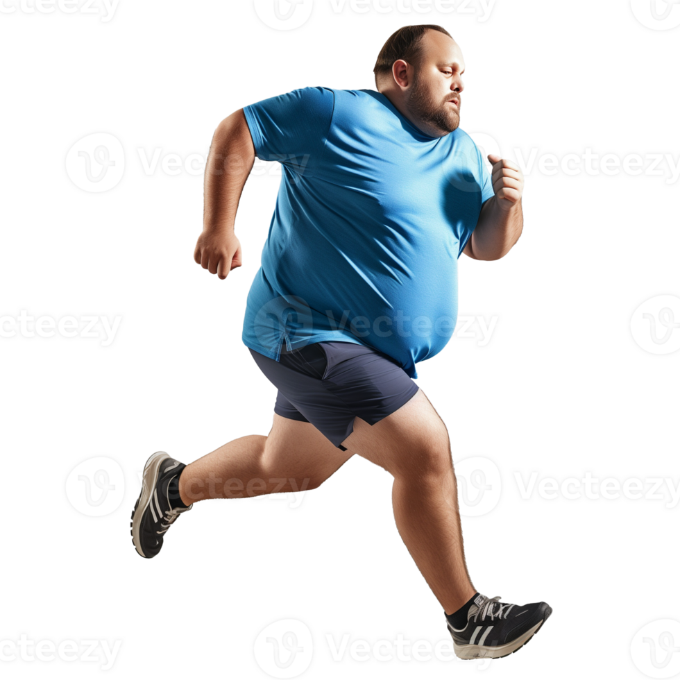 Overweight Man Jogging in Blue T-Shirt on Transparent Background png