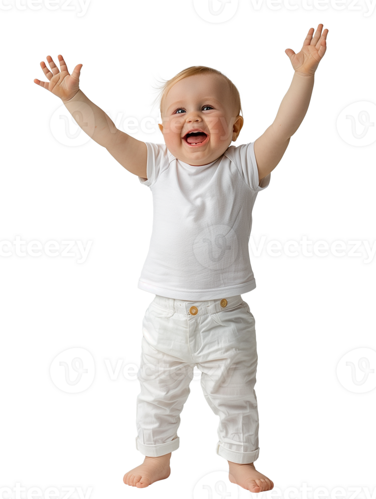 Happy Baby Standing and Smiling with Raised Arms png