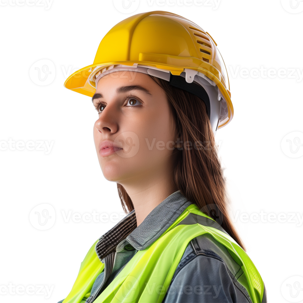 Confident Female Construction Worker in Yellow Helmet and Safety Vest png