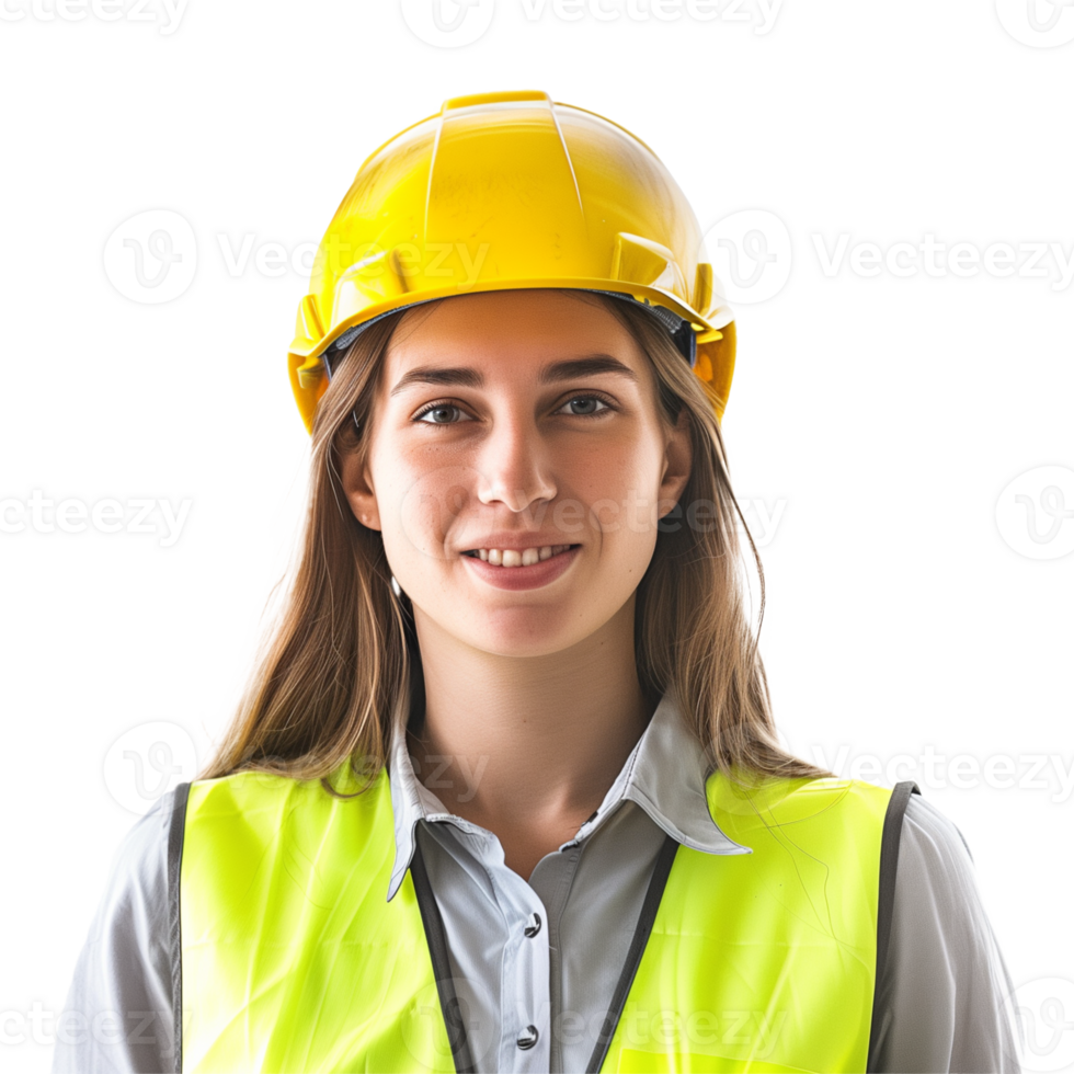 Smiling Female Construction Worker in Yellow Safety Helmet and Vest png