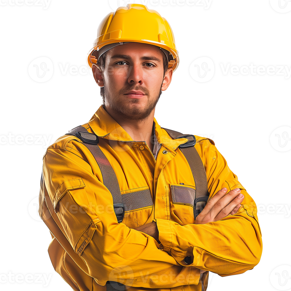 Confident Young Male Construction Worker in Yellow Uniform and Hard Hat png