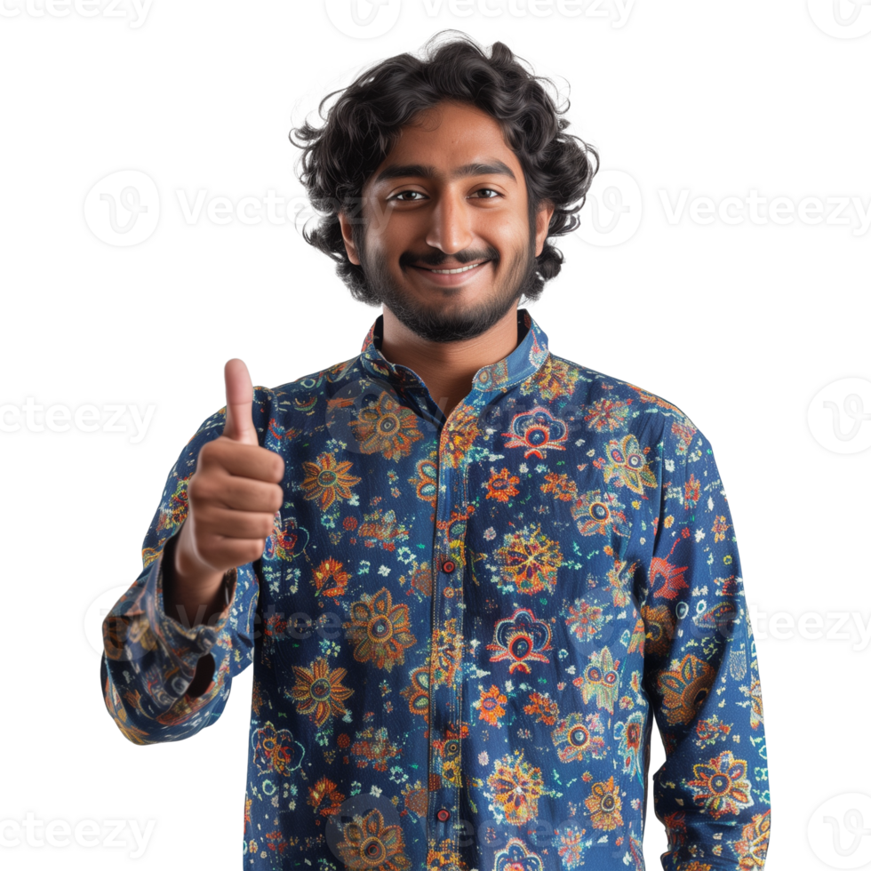 Smiling Man Giving Thumbs Up Gesture in Colorful Shirt png