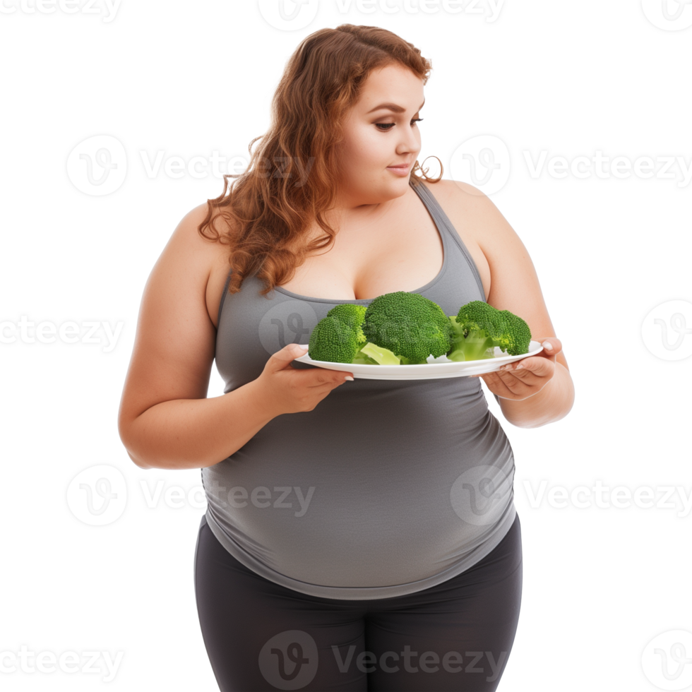 Plus Size Woman Holding Plate of Broccoli on Transparent Background png