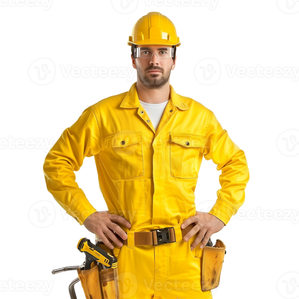 Man Plumber In Yellow Suit With Tools On Transparent Background png