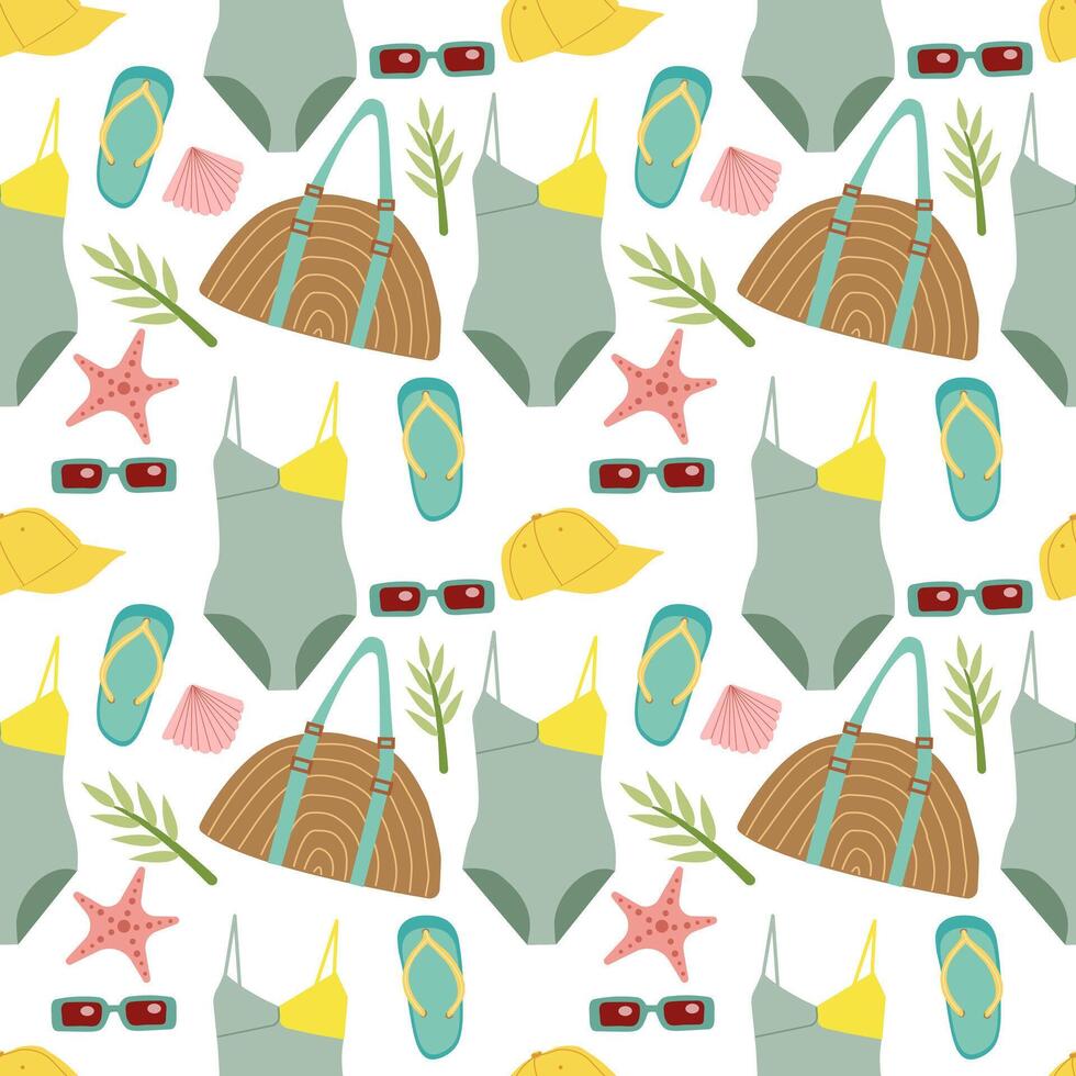 seamless beach pattern with the image of a suitcase, sunglasses, beach bag, wide-brimmed hat, starfish flat cartoon style . vector