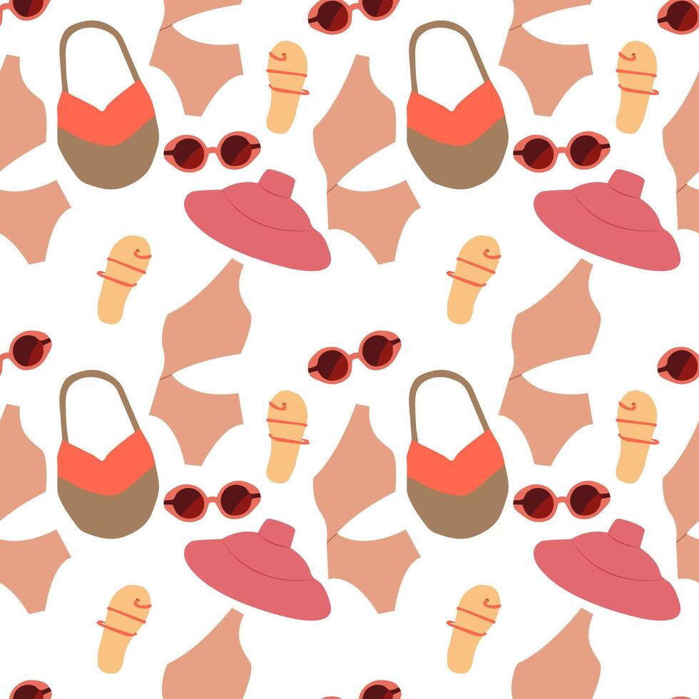seamless beach pattern with the image of a suitcase, sunglasses, beach bag, wide-brimmed hat, starfish flat cartoon style . vector
