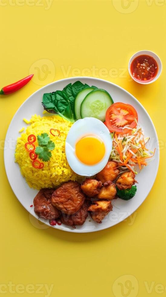 Yellow rice with chicken fried , egg slice, carrot, cucumber and chili story background photo