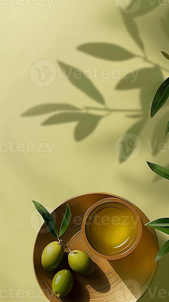 Olive oil on wooden bowl for skincare ingredient essential story background photo