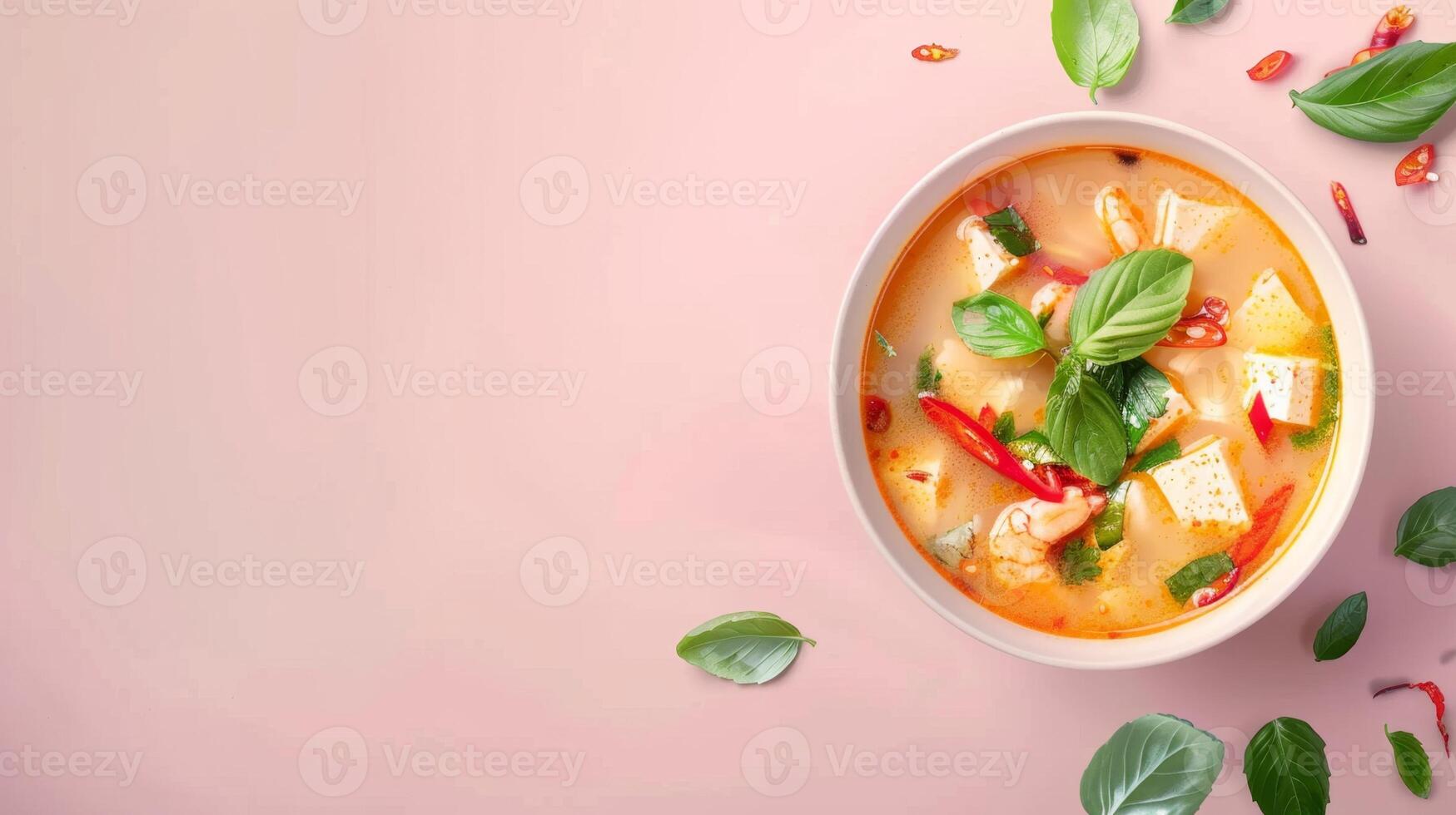 Asian meal tom yum with shrimp spicy soup with chili and coconut milk copy space photo