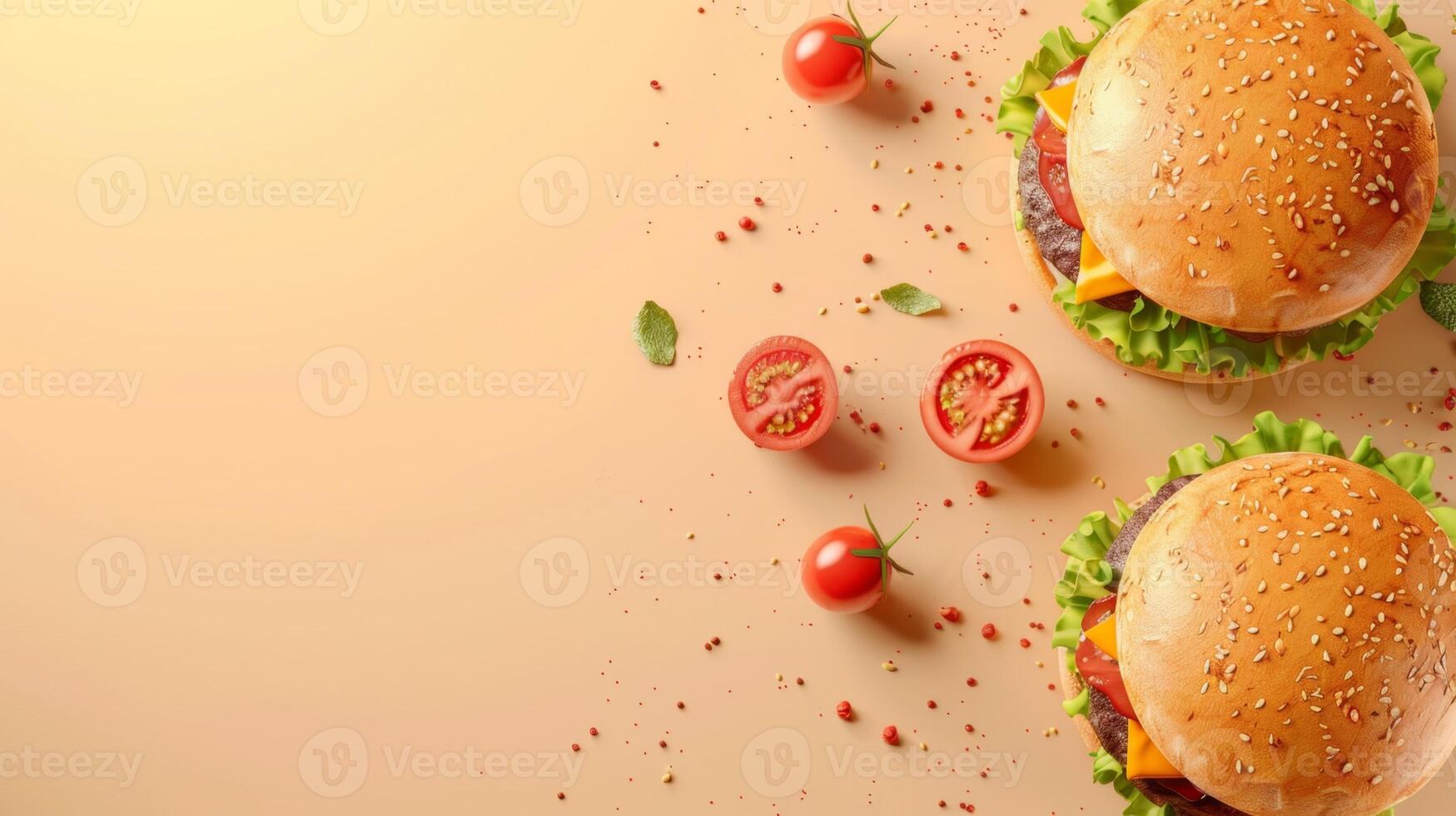 Flat lay burger beef meat bun bread with tomato and lettuce sandwich fast food copy space isolated photo