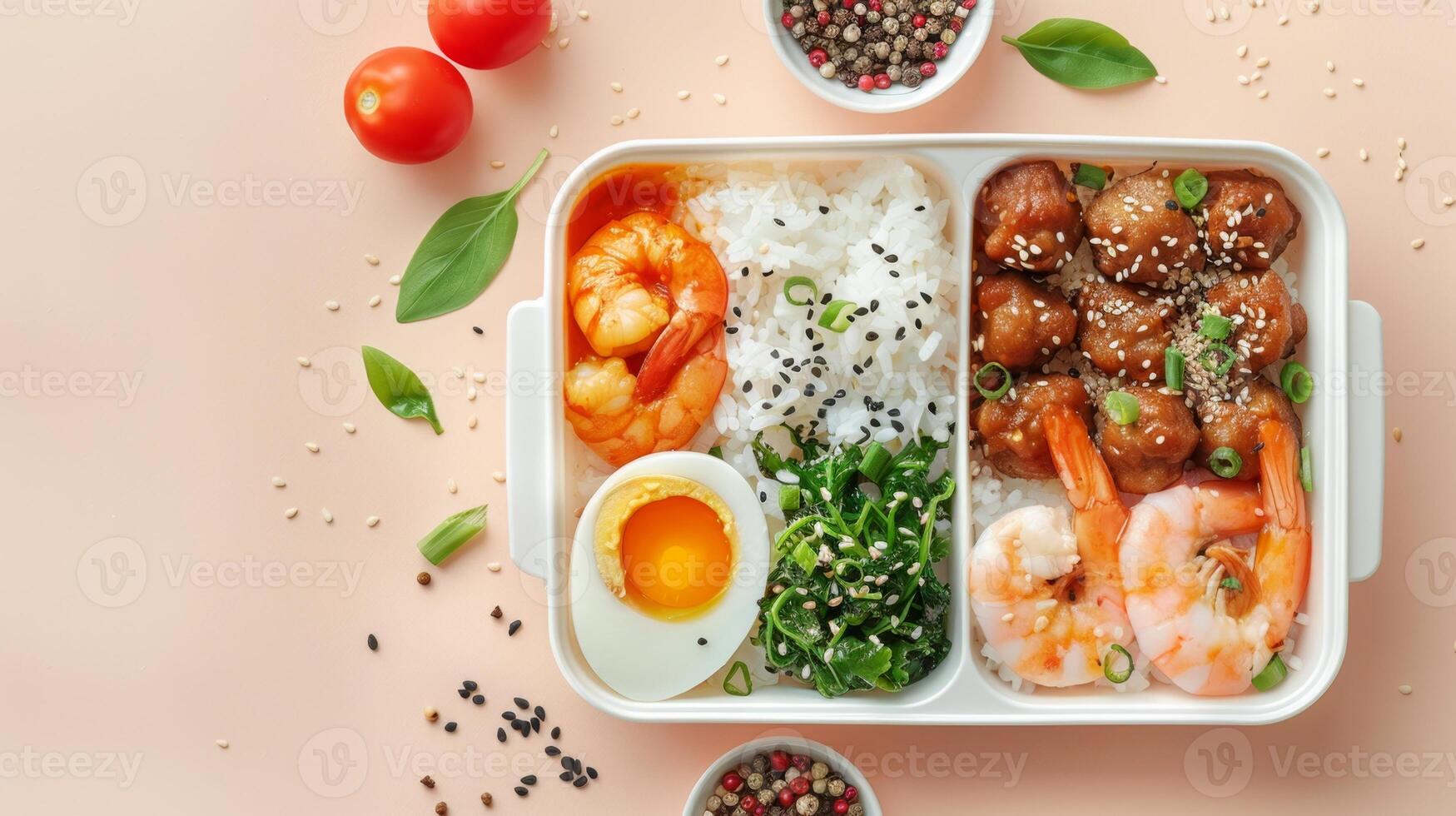Meal box with rice, shrimp, squid, black pepper and egg copy space photo