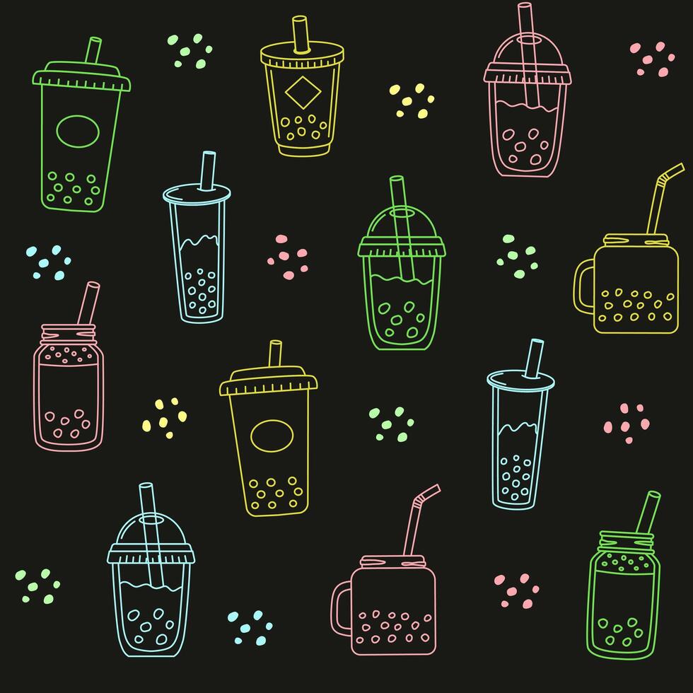 Colorful outline bubble tea seamless pattern. Tapioca milk tea, boba tea. Taiwanese traditional drink with tapioca balls. Line art drawing, sketch, contour. Background, digital paper, wallpaper. vector