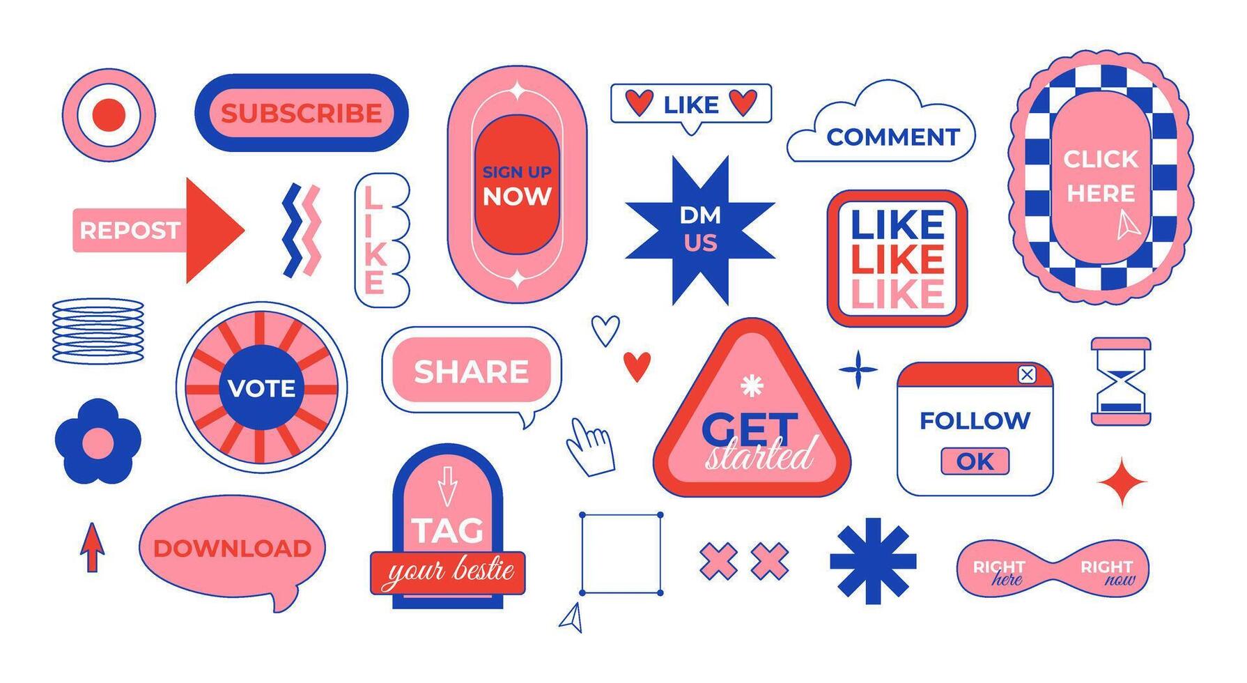 Social media call-to-action stickers set. Popular clickable prompt buttons for web. Icons, tags, labels. Retro vintage nostalgia. Marketing and communication. isolated on white. vector