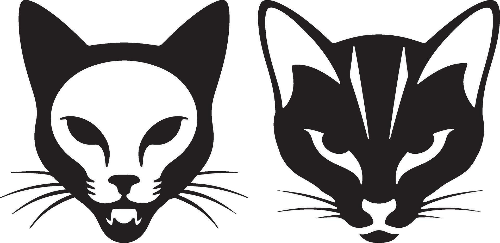 two black and white cat heads with different expressions vector
