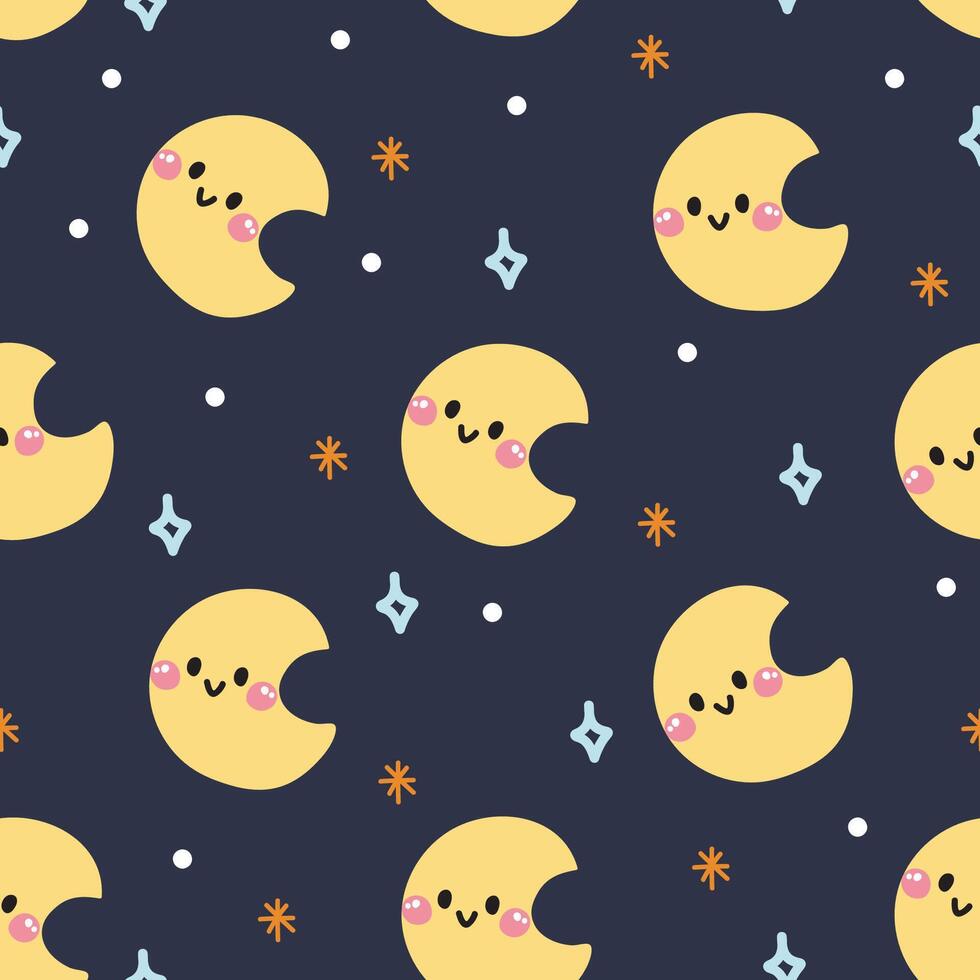 Seamless pattern of cute face smile moon on night sky background.Cartoon character hand drawn design.Kawaii.Illustration. vector