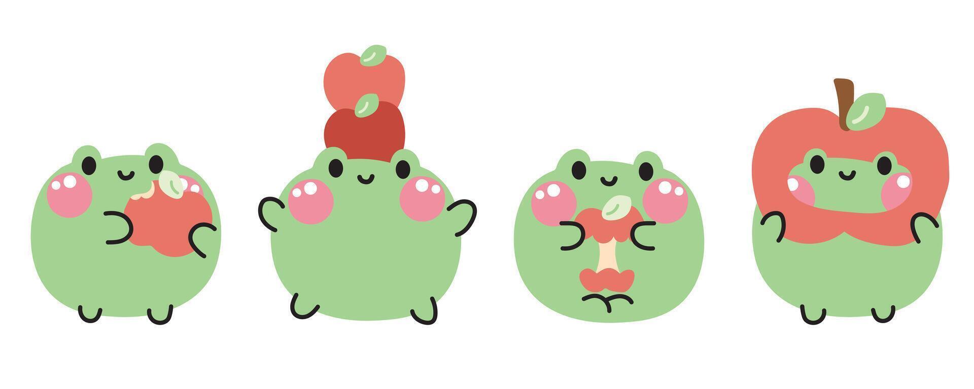 Set of cute various poses smile face frog with apple.Fruit.Reptile animal character cartoon design.Image for card,sticker,baby clothing.Kawaii.Illustration vector