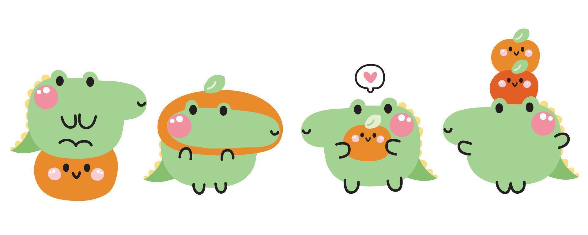 Set of cute various poses smile face crocodile with orange.Fruits and vegetables.Reptile animal character cartoon design.Image for card,sticker,baby clothing.Kawaii.Illustration. vector