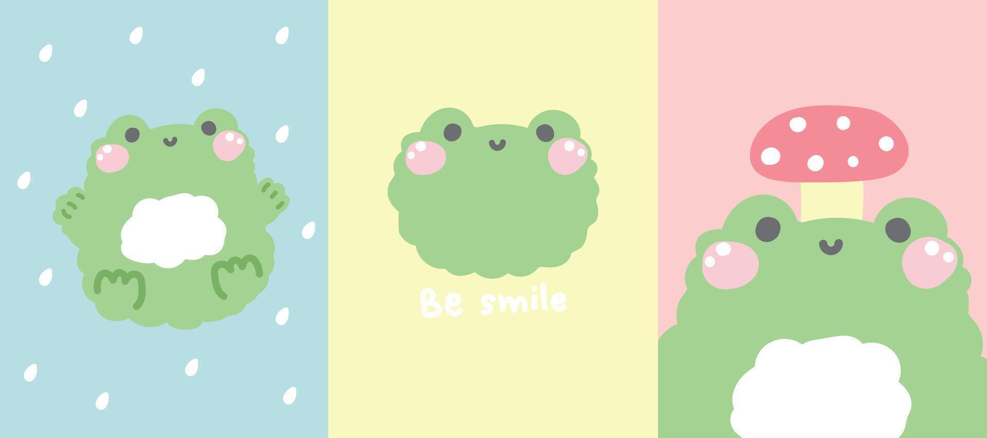 Set of cute frog.Rainy.Mushroom.Animal reptile cartoon character.Cover notes.Paper notes.Stationary.Image for card,sticker,decoration,baby clothing.Kawaii.Illustration. vector