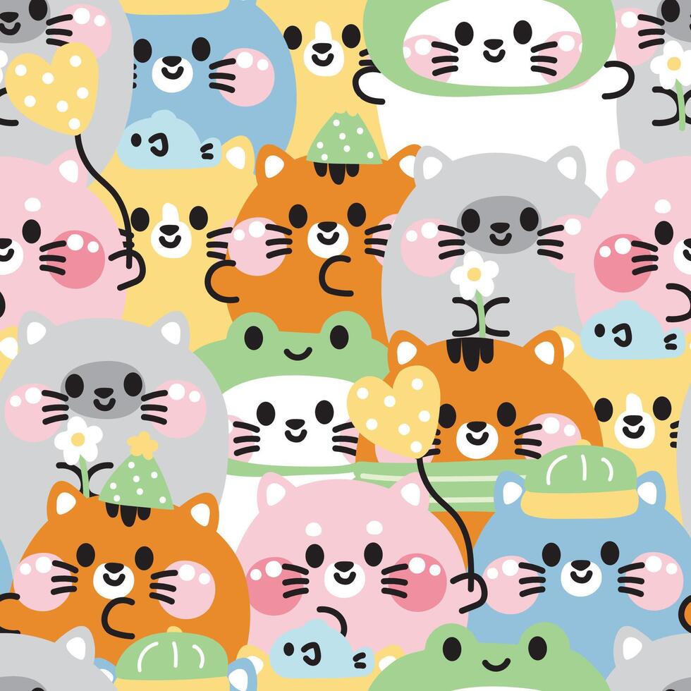 Repeat.Seamless pattern of cute cat round shape various poses background.Meow.Pet animal character cartoon.Image for card,t shirt print screen,baby clothing.Kawaii.Illustration vector