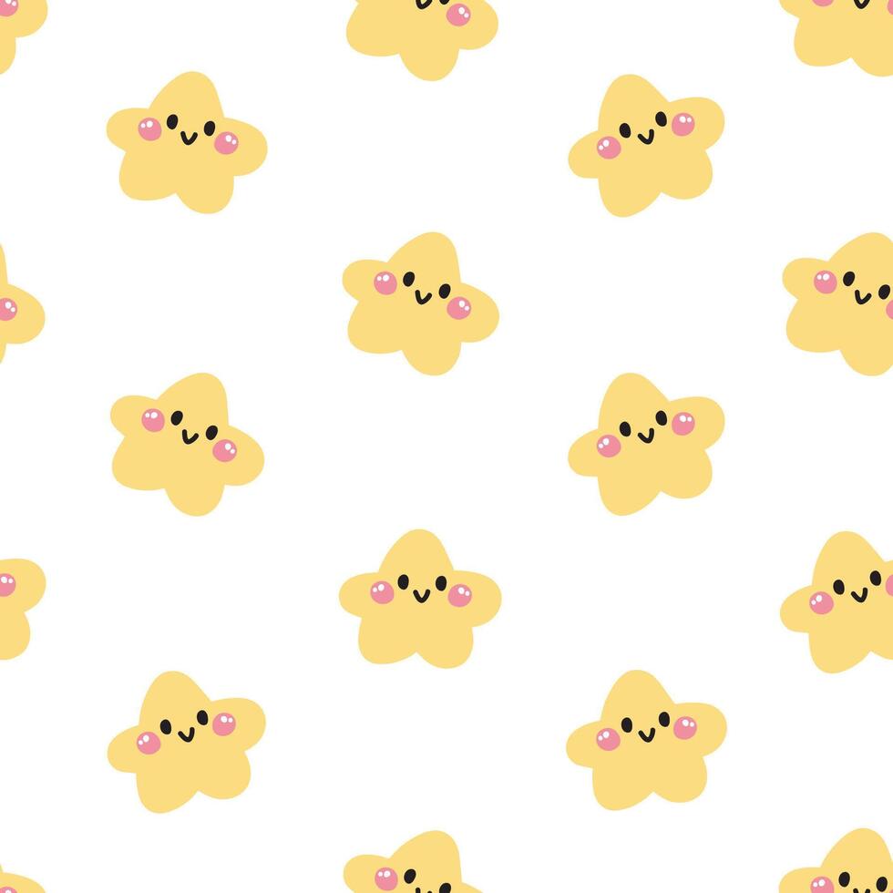 Seamless pattern of cute smile face star on white background.Night sky.Cartoon hand drawn character design.Kawaii.Illustration. vector