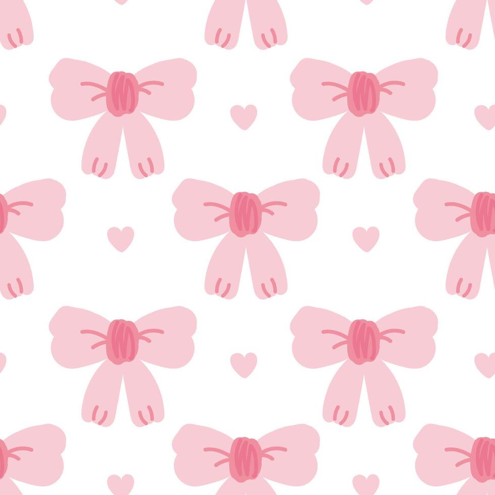 Seamless pattern of cute pink bow with tiny heart on white background.Girl.Cartoon hand drawn design.Kawaii.Illustration. vector