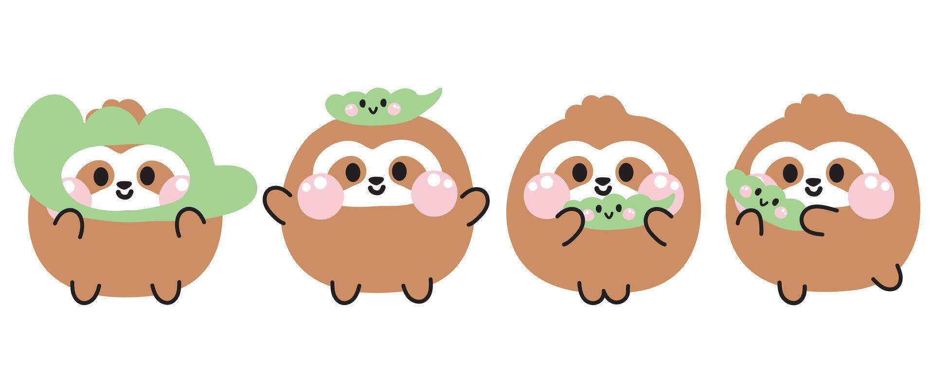 Set of cute various poses smile face sloth with edamame bean background.Wild animal character cartoon design.Image for card,sticker,baby clothing.Kawaii.Illustration. vector
